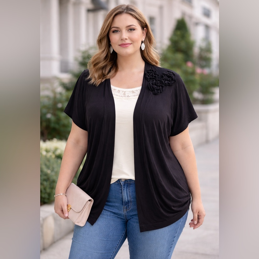 Elena Solano Black Open Front Rosette Cardigan 3X Plus Size Short Sleeve Layer - Picture 4 of 10